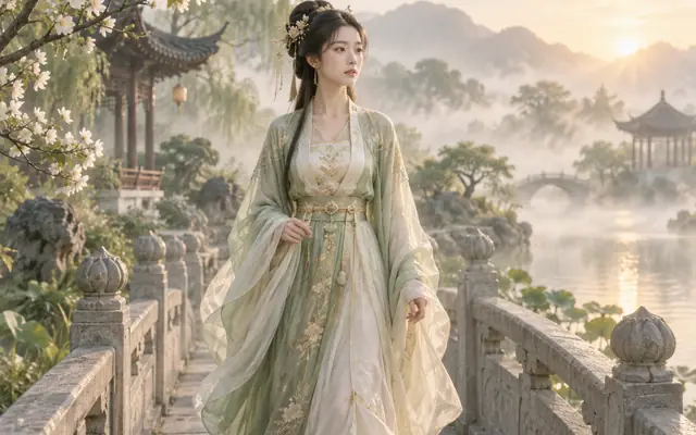 AI原创主题配图：晨雾园林中的虚构古装人物